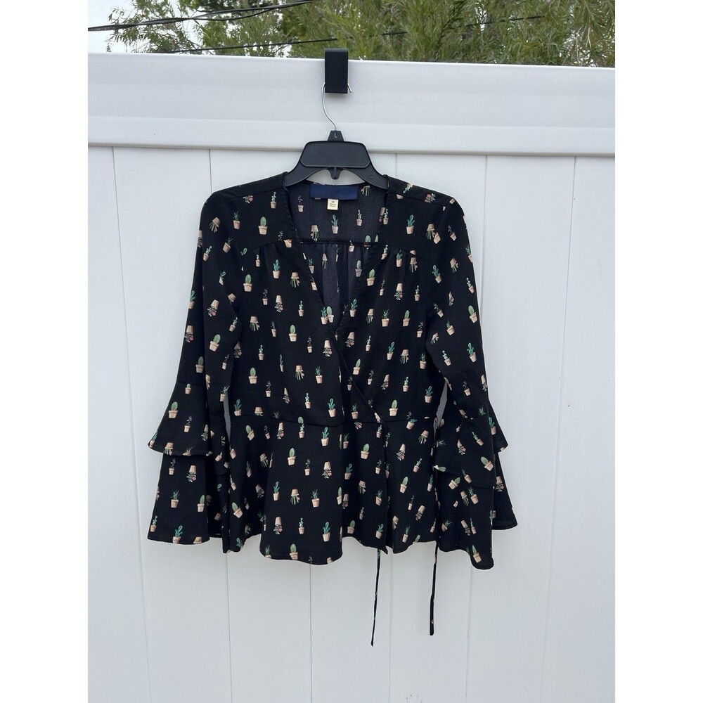 Blue Rain Bell Sleeve Boho Top Womens Medium Wrap Front Black Floral